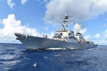 Fototapeta na wymiar Modern warship sailing in still water on blue sky background.
