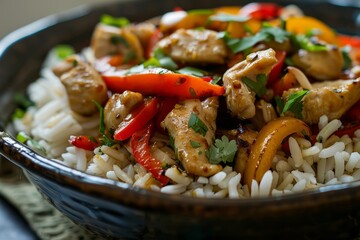 Close up of a bowl filled with fragrant jasmine rice stir-fried with vegetables, A dish of fragrant jasmine rice, stir-fried with colorful bell peppers and tender chunks of chicken