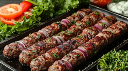   A close-up of a tray filled with skewered meat and vegetables on skewers