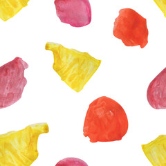 Watercolor seamless pattern with abstract paint stains. Brush strokes and gouache paint. Multi-colored bright print with red, yellow, pink flowers. Design and design of wallpaper, background
