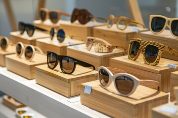 A display case packed with numerous eco-friendly wooden sunglasses of different styles and colors,...