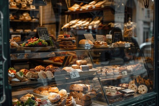 A bakery showcasing a wide array of bread types including baguettes, croissants, sourdough loaves, and sandwiches, A display of delicious pastries and sandwiches behind a glass counter