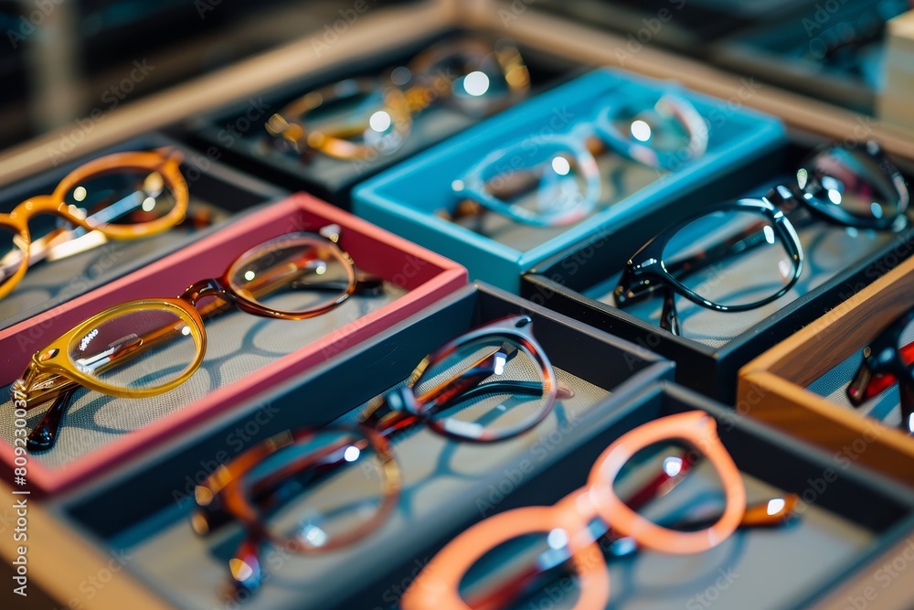 Poster collection of modern, sleek eyeglass frames in various colors and designs arranged neatly on a table