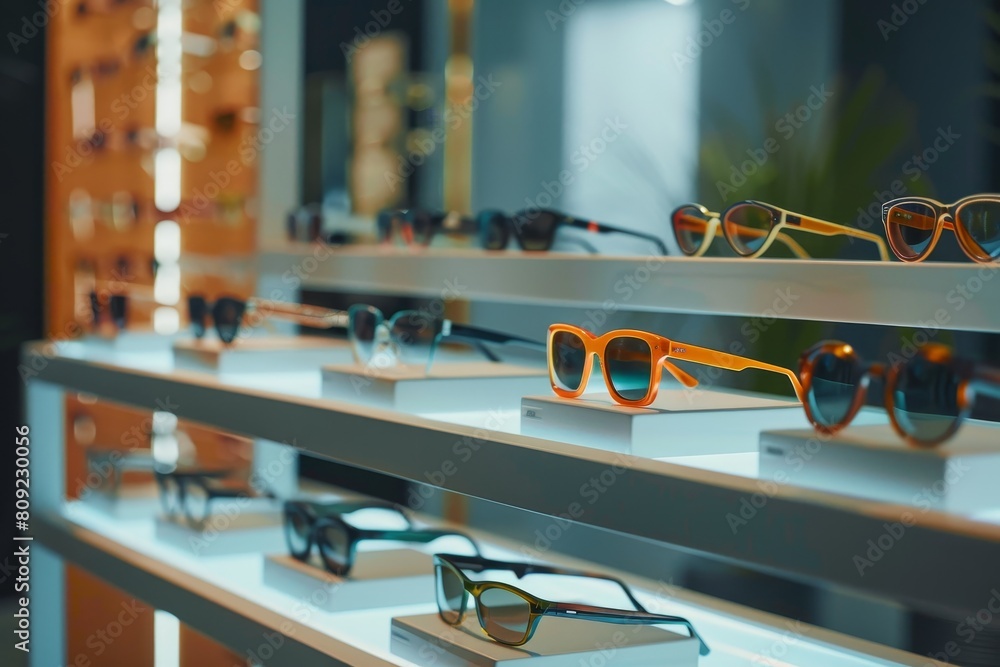 Poster assorted modern sleek frames neatly arranged in a row on a white shelf, a display of modern, sleek f