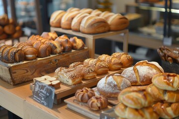 Freshly baked breads and pastries showcased on a display, A display of freshly baked bread and pastries