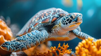   A close-up of a sea turtle resting on a coral, surrounded by other corals in the background