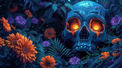 A skull is surrounded by flowers and leaves, with a blue and orange color scheme