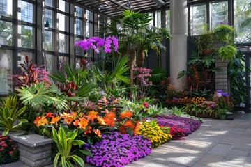 A vibrant garden showcasing an array of different flowers and plants in full bloom, A display of vibrant flowers and plants near the entrance