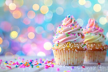 Tasty cupcakes with butter cream and sprinkles on blurred lights background - obrazy, fototapety, plakaty