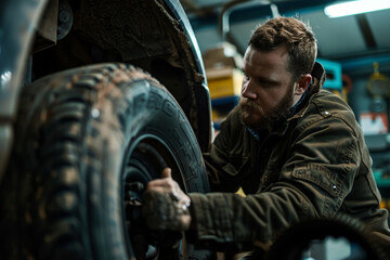 Professional Mechanic Changing a Tire in an Equipped Automotive Workshop