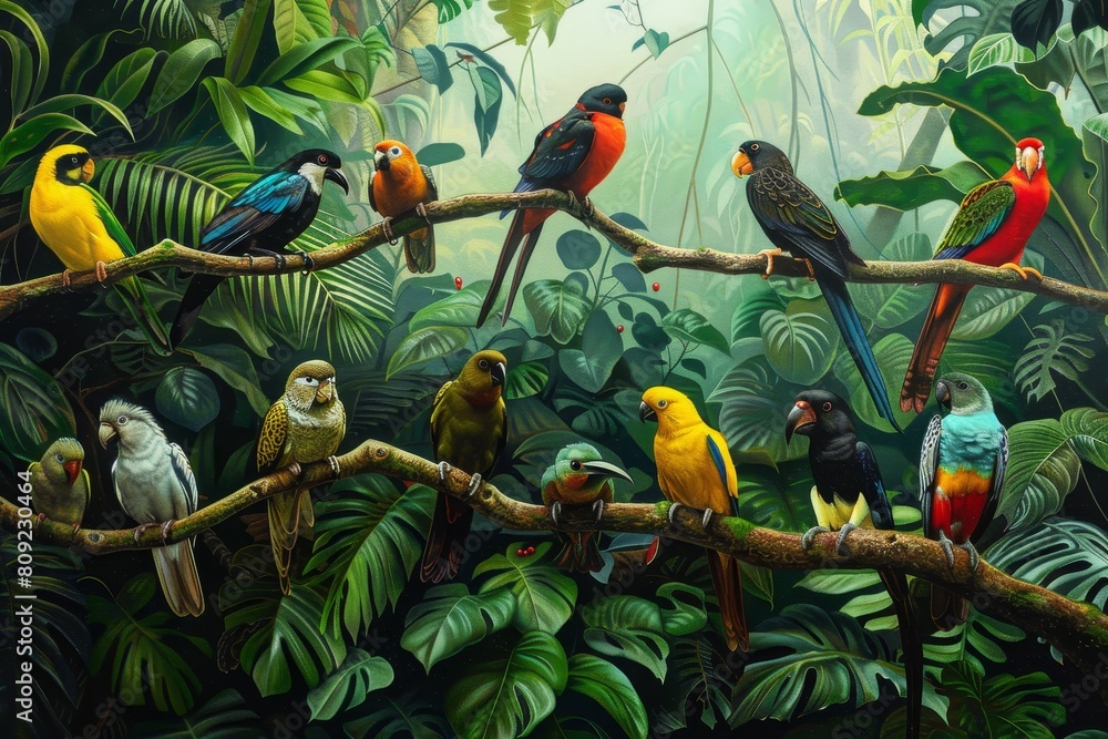 Poster diverse birds sitting together on a tree branch, a diverse array of birds perched on branches in a l