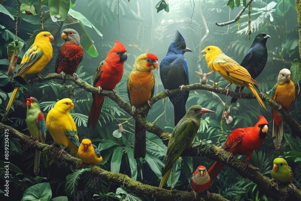 Poster a group of diverse, colorful birds are perched on a tree branch, a diverse array of birds perched on
