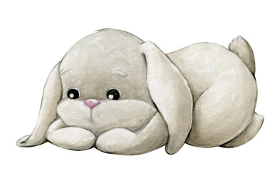 The bunny is hiding. It's a watercolor illustration of a cute woodland animal, on an isolated background, made for kids.