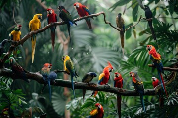 A variety of colorful birds sitting on top of a tree branch against the sky, A diverse array of birds perched on branches in a lush rainforest
