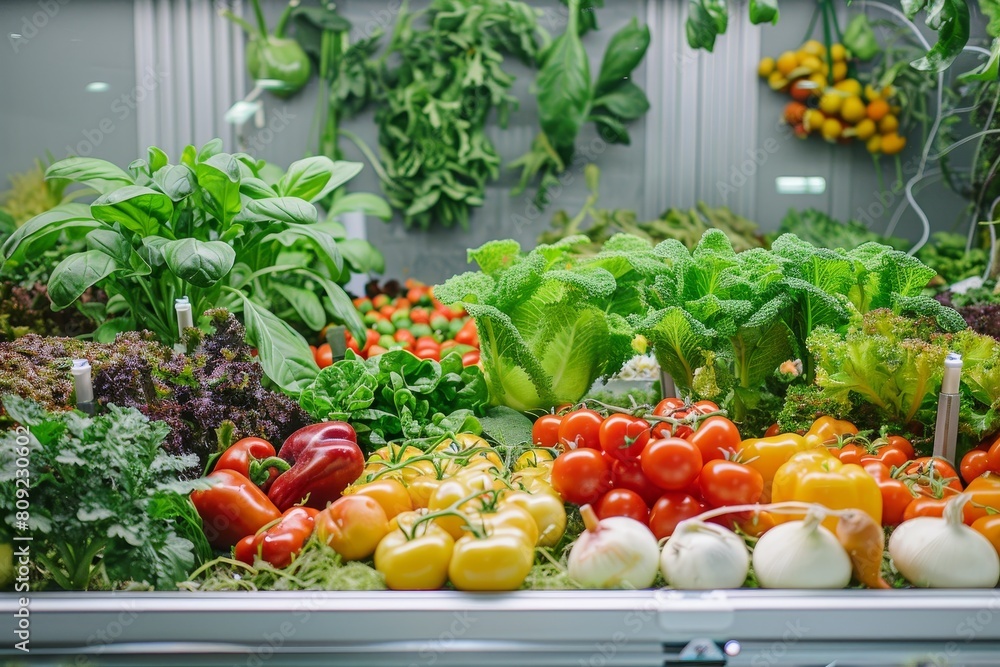 Poster a variety of fresh vegetables showcased and organized in a display case, a diverse array of fruits a