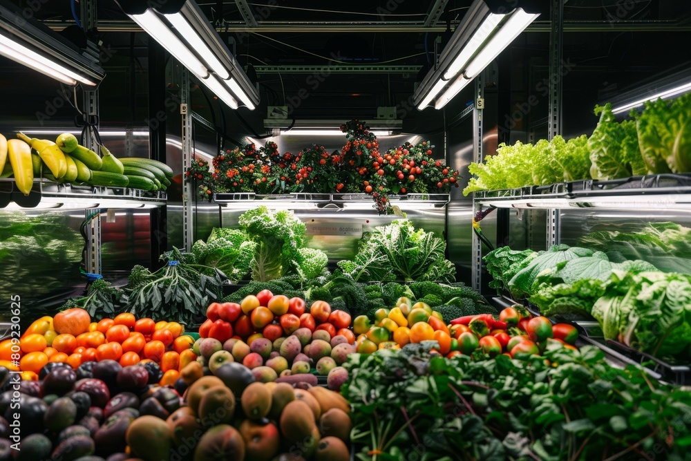 Poster a diverse array of fresh fruits and vegetables filling the shelves in a grocery store produce sectio