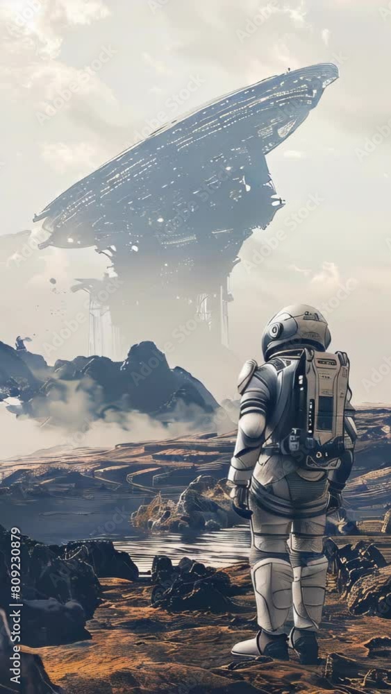 Poster an astronaut on an alien planet standing near a high tech intricate ancient alien structure or stars
