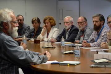Professionals Sitting Around Conference Table, A diverse group of professionals gathered around a conference table engaged in a lively discussion