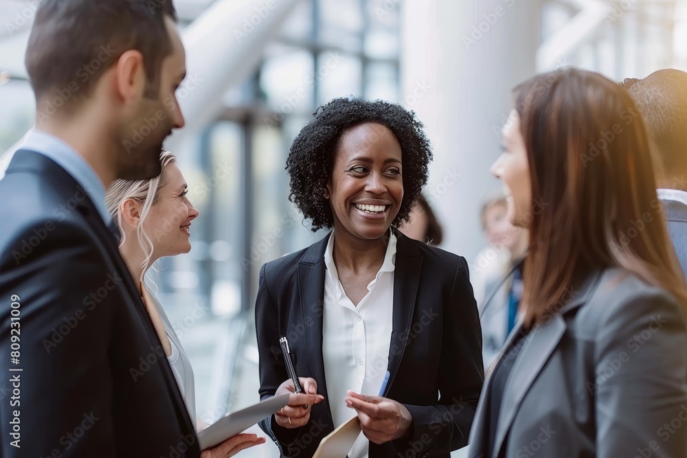 Poster a group of people from different backgrounds standing in a circle engaging in conversation and netwo