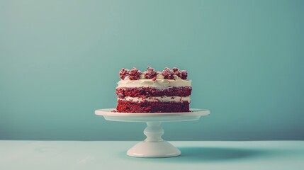   A red velvet cake with white frosting on a white cake stand against a blue tablecloth, set against a blue backdrop