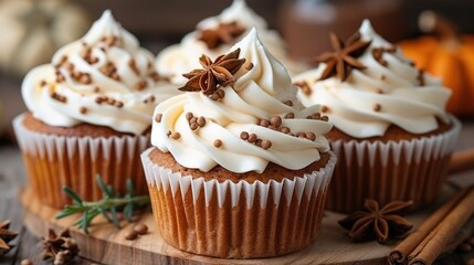   Three cupcakes with icing and cinnamon sprinkles on a wooden board