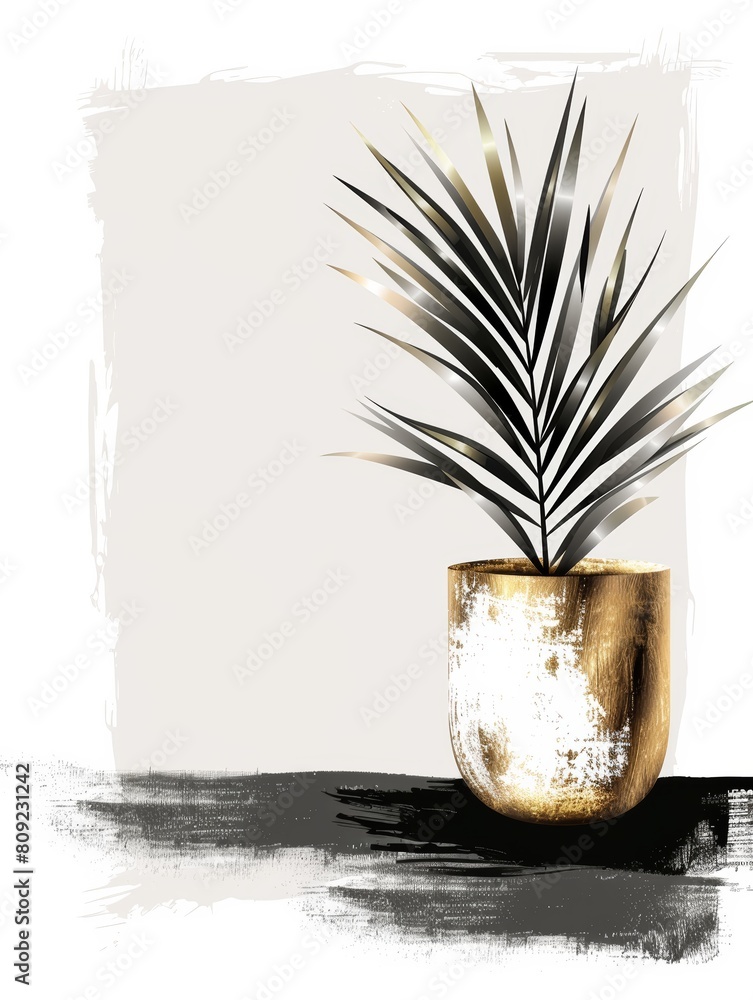 Wall mural A small potted plant with green leaves and brown soil is placed on top of a wooden table, with a golden and black painting in the background