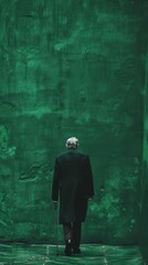 Elderly man walking away in a textured green tunnel. Moody conceptual photography. Loneliness and time passage concept for poster, print