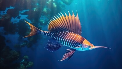 Ikan marlin besar di lautan biru, pemandangan hewan lautan yang memukau