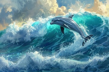 Fototapeta premium A painting capturing the moment a dolphin leaps over a cresting wave, A dolphin leaping joyfully over the crest of a wave