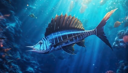 Obraz premium Ikan marlin besar di lautan biru, pemandangan hewan lautan yang memukau