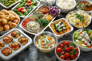 A table full of food with a variety of dishes including salads, rice, and bread
