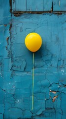 Yellow balloon on weathered blue wooden wall. Simplistic composition photography. Childhood memories and simplicity concept for postcard, poster