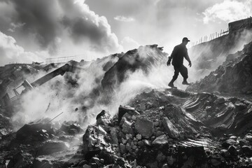 Obraz premium A man is walking through a field of rocks and dirt
