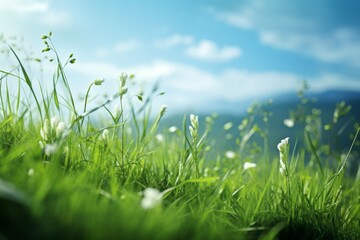 Obraz premium Vibrant Grassland Under Blue Sky with Gentle Wildflowers Swinging in Breeze. Generative AI