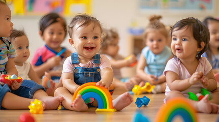Day care center with group of multiracial babies - Little children having playful time in nursery or kindergarten - Models by AI generative