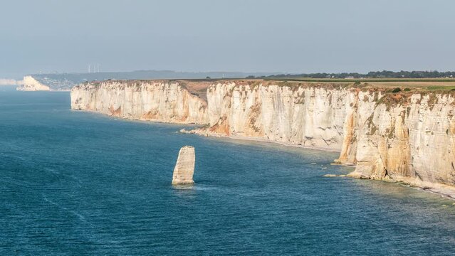 France, Seine-Maritime, Pays de Caux, Alabaster Coast (Cote d'Albatre), Etretat, panorama of B&eacute;nouville cliffs, the Aiguille de Belval, with Cap Fragnet in F&eacute;camp in the background