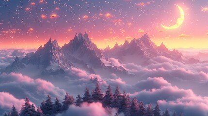   A captivating painting portrays a majestic mountain landscape beneath a crescent moon that glows above the fluffy clouds