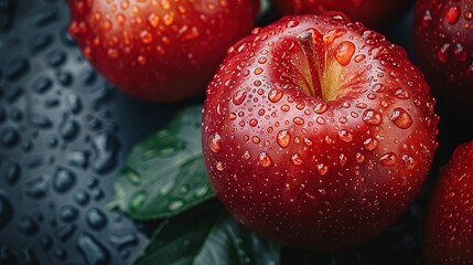   Red apples on a green leaf-covered table with raindrops