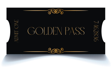Realistic golden show ticket. Old premium cinema entrance tickets. Gold admission to movie theater or amusement shows vector set