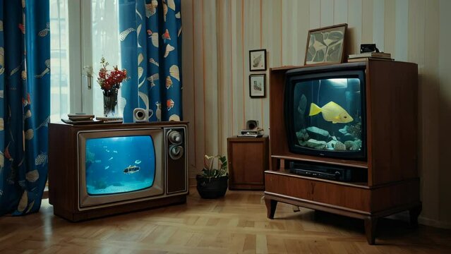 Vintage living room setup featuring two retro televisions used as quirky fish tanks