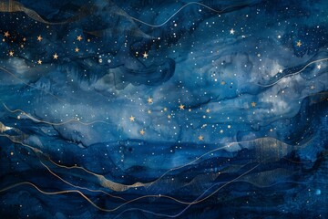 Artistic depiction of a dark night sky filled with twinkling stars, A dreamy interpretation of a starry night sky with shades of blue and twinkling stars against a midnight blue background