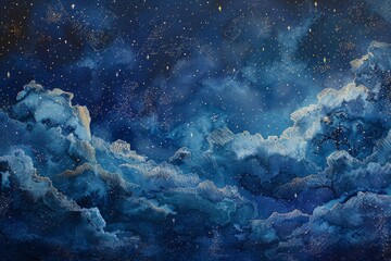 Night Sky Painting With Clouds and Stars, A dreamy interpretation of a starry night sky with shades of blue and twinkling stars against a midnight blue background