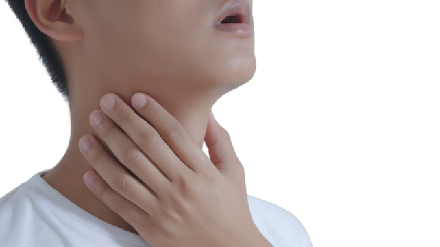 Close-up young Asian man use hand to massage on the neck to relieve symptoms of pain from flu virus infections or lymphoma isolated on a transparent background