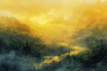 A painting capturing the beauty of a sunset over a flowing river, with warm hues reflecting on the water, A dreamy landscape set against a soft yellow sky