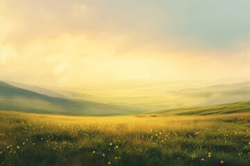 A painting featuring a grassy field with majestic mountains in the background under a soft yellow sky, A dreamy landscape set against a soft yellow sky