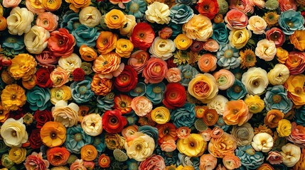   Close-up of colorful flowers adorning the wall and center of image