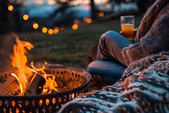 A person sits in front of a glowing fire pit, enjoying the warmth and ambiance, A dreamy photo of a couple cuddled up in a blanket, sipping cider by a crackling fire pit