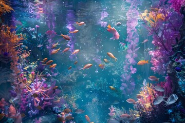 A large aquarium filled with vibrant, shimmering fish swimming in unison, A dreamy underwater world with shimmering fish and dancing seaweed