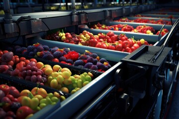 Automated Fruit Sorting Conveyor Belt In Industrial Food Processing Plant. Generative AI
