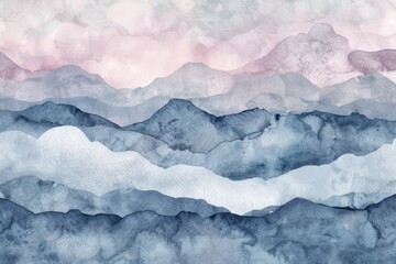 Watercolor painting depicting mountains and clouds in soft tones, A dreamy watercolor wash of soft tones